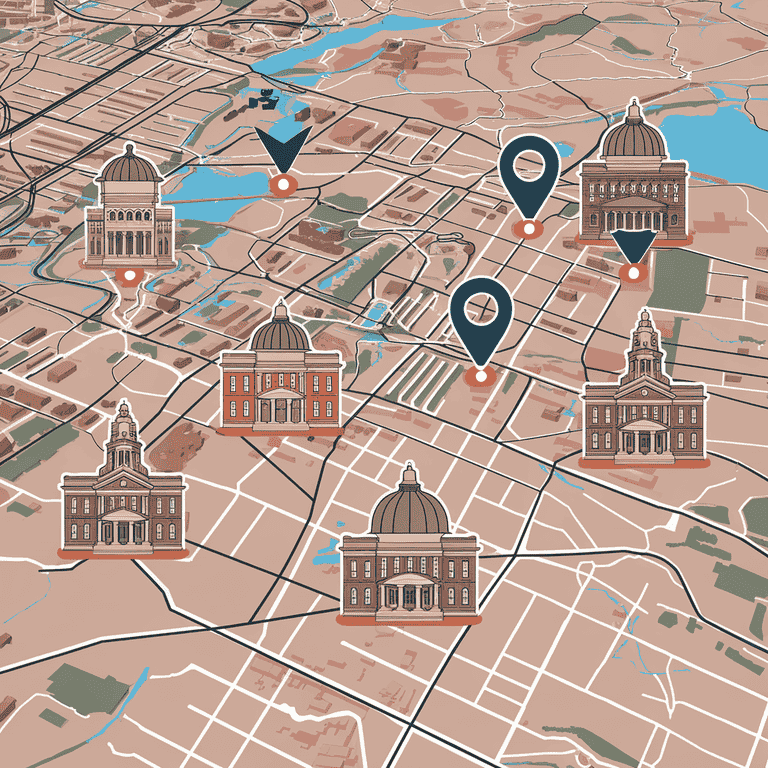 City map with multiple courthouse locations marked