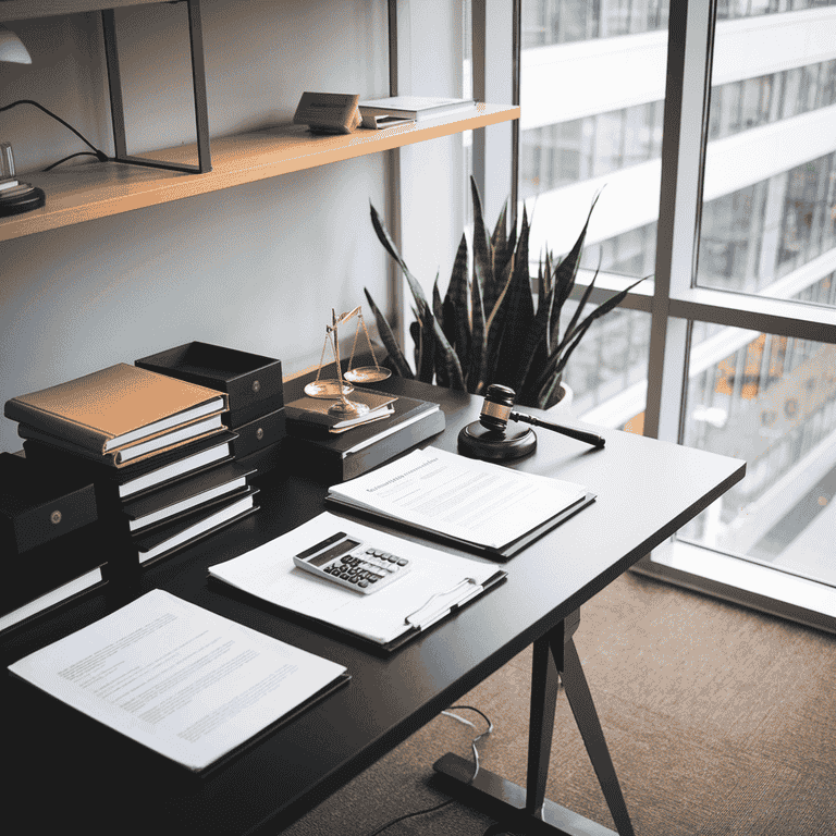 Organized desk with legal documents, calculator, and gavel for small claims case preparation