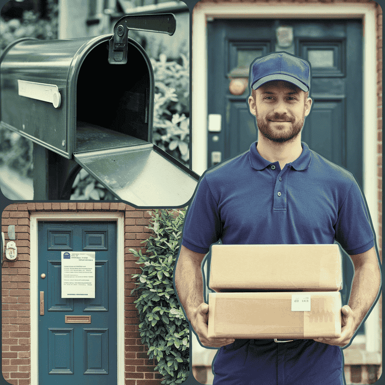 Collage depicting various methods of legal service: mailbox, courier, and posted notice