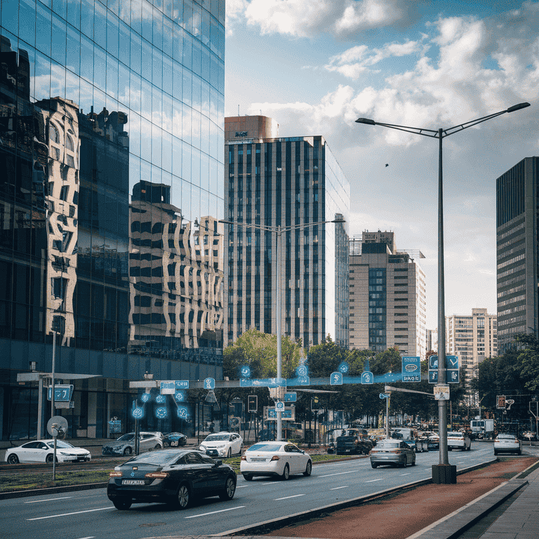 A cityscape showing smart devices and sensors integrated into urban infrastructure.