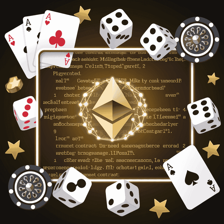 A digital smart contract overlaid with casino-themed icons, representing the role of smart contracts in Nevada's gaming industry.