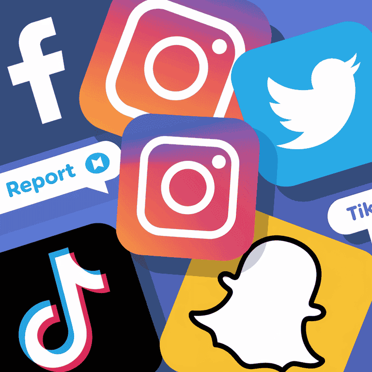 Collage of social media platform icons with report button overlay, representing anti-cyberbullying policies.