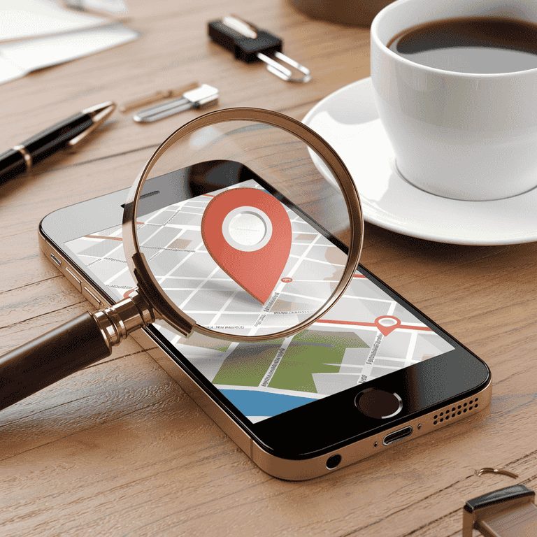 Smartphone under magnifying glass showing map with location pin