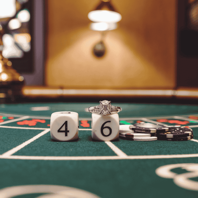 Pair of red dice next to a gold wedding ring on a green felt casino table