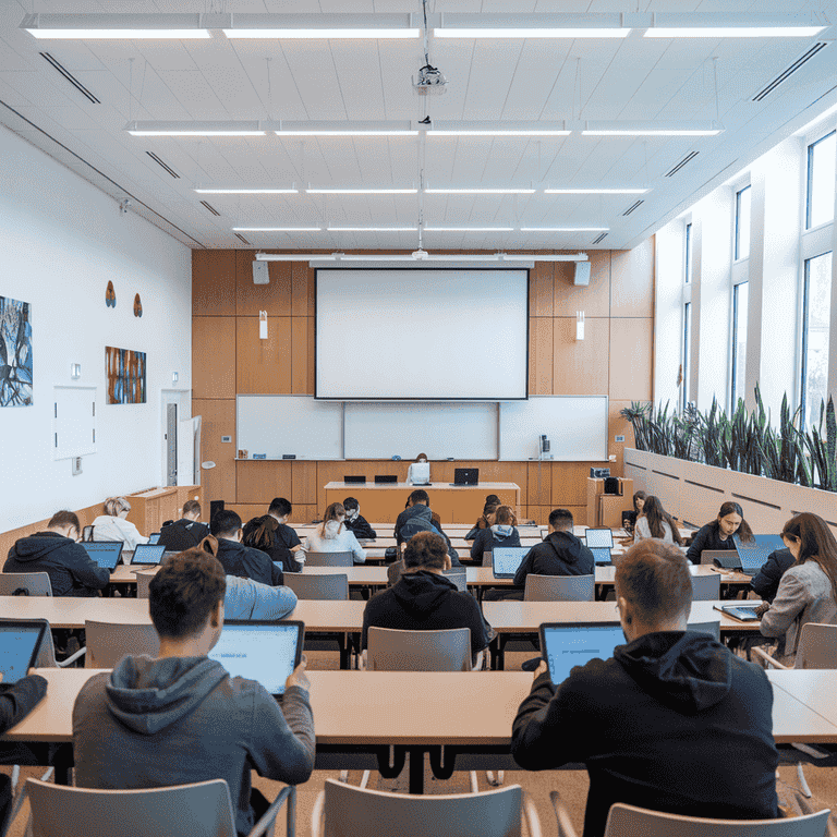 Modern classroom with students learning legal technology on digital devices.