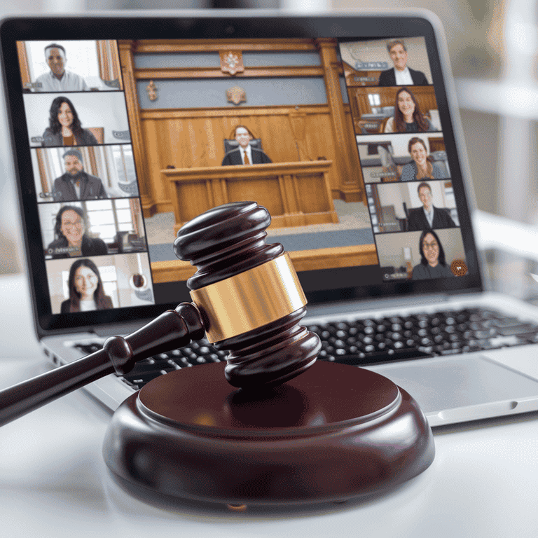 A gavel beside a laptop with a virtual courtroom video call on the screen, symbolizing legal technology.