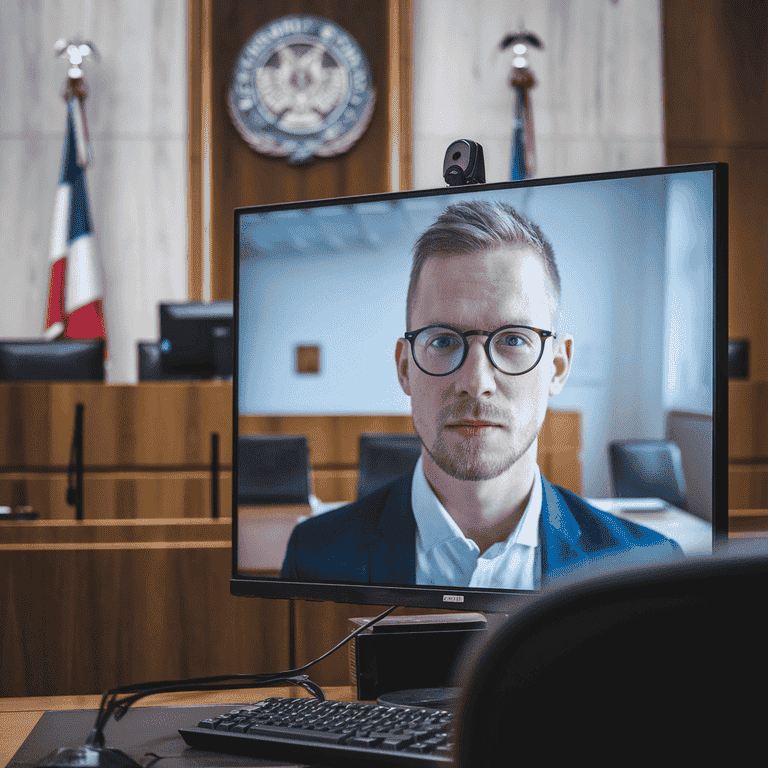 A frozen video call during a virtual courtroom session, symbolizing technical challenges in virtual hearings