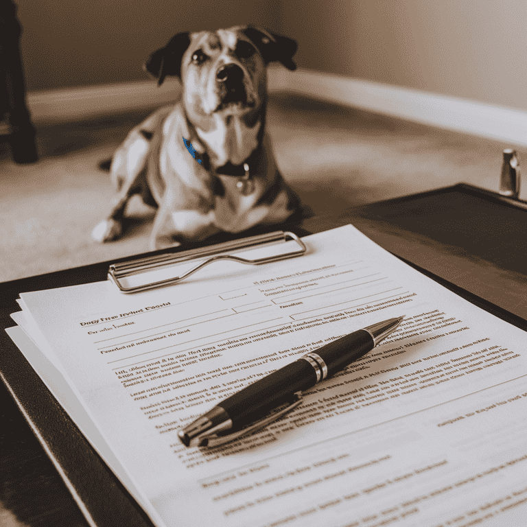 Legal document with a pet in the background, representing pet trusts.