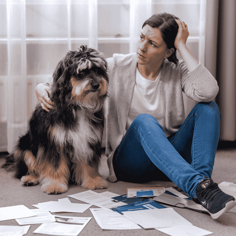 Pet owner with scattered papers and a checklist showing errors related to pet trusts.