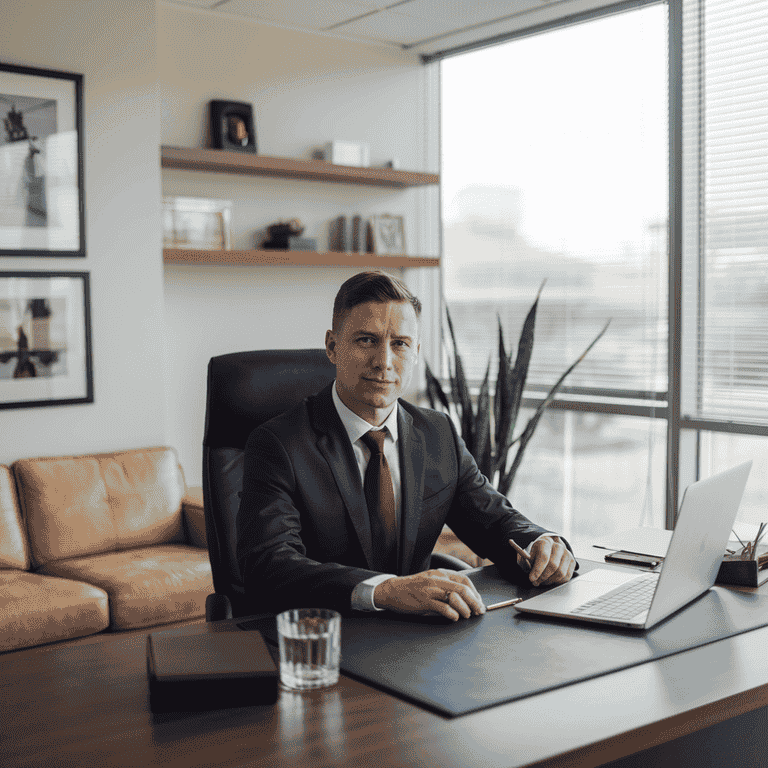 Attorney reviewing documents with AI vehicle data and accident analysis diagrams displayed on digital screens in the background.