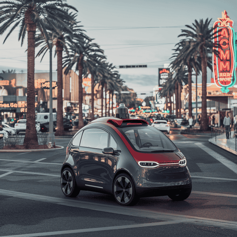 Illustration of an autonomous vehicle navigating a busy Las Vegas intersection with highlighted sensors and AI pathways.