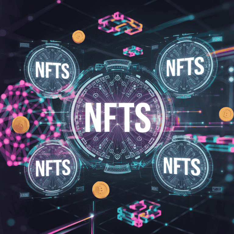 Digital illustration of NFTs and blockchain with glowing cryptocurrency coins.