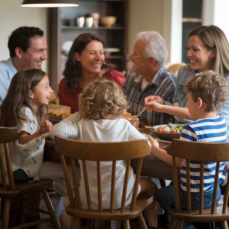 A blended family discussing important matters in a cozy home environment.