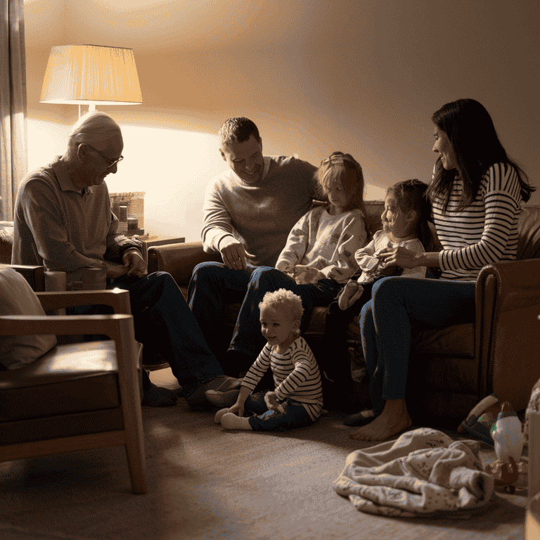 Blended family of different ages and ethnicities sitting together in a cozy living room, symbolizing family unity.