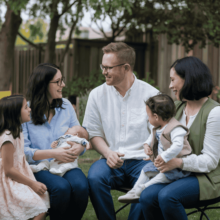 A blended family in a garden setting, sharing a conversation, symbolizing open communication and transparency.