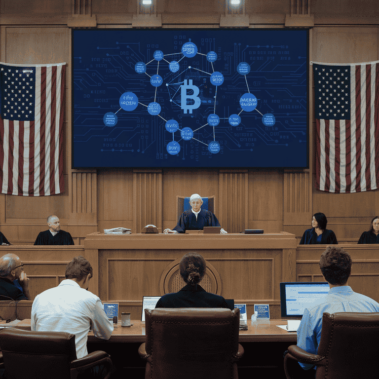 Courtroom setting with a digital screen showing a blockchain diagram, representing cryptocurrency defense in Nevada.