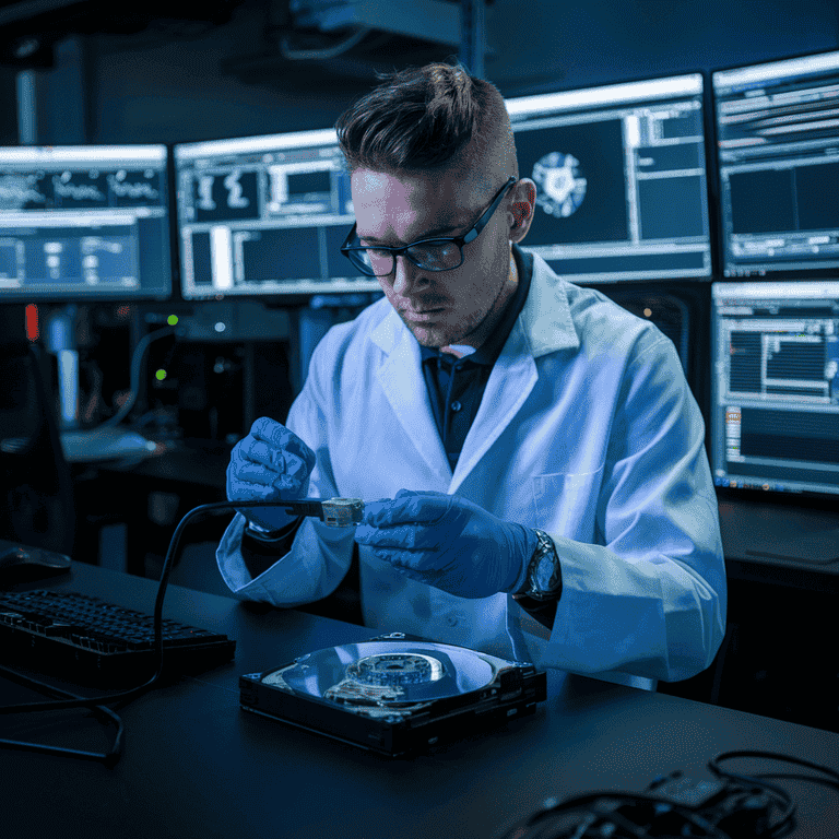 A forensic analyst in a tech lab working on a damaged hard drive, with screens displaying data recovery tools and processes.