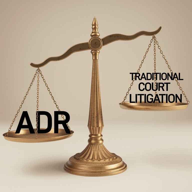 A scale weighing Alternative Dispute Resolution and traditional litigation, illustrating the decision-making process