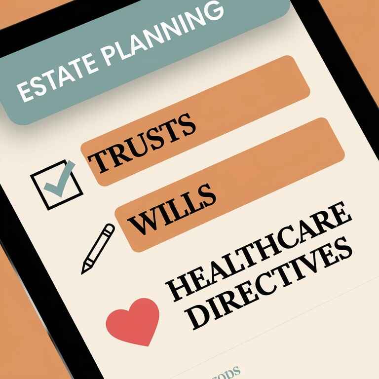 A digital tablet showcasing various estate planning tools, such as wills, trusts, and healthcare directives, designed for Gen Z.