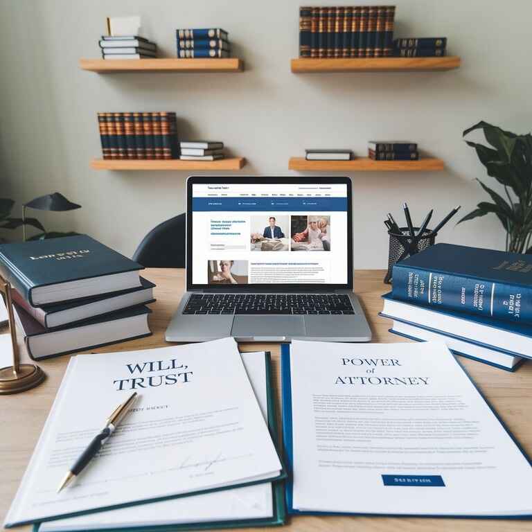 A selection of estate planning tools including a will, trust, and power of attorney, with legal books and a laptop.