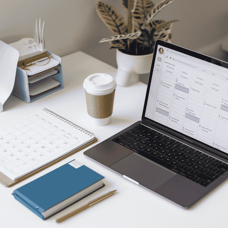 A laptop displaying a co-parenting app, with a calendar and coffee cup on a desk, representing tools and resources for co-parents.