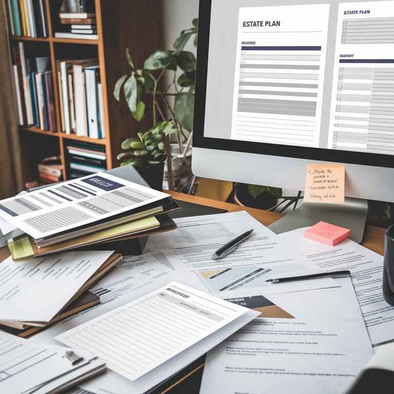 A cluttered desk with scattered papers and an incomplete checklist, symbolizing common estate planning mistakes