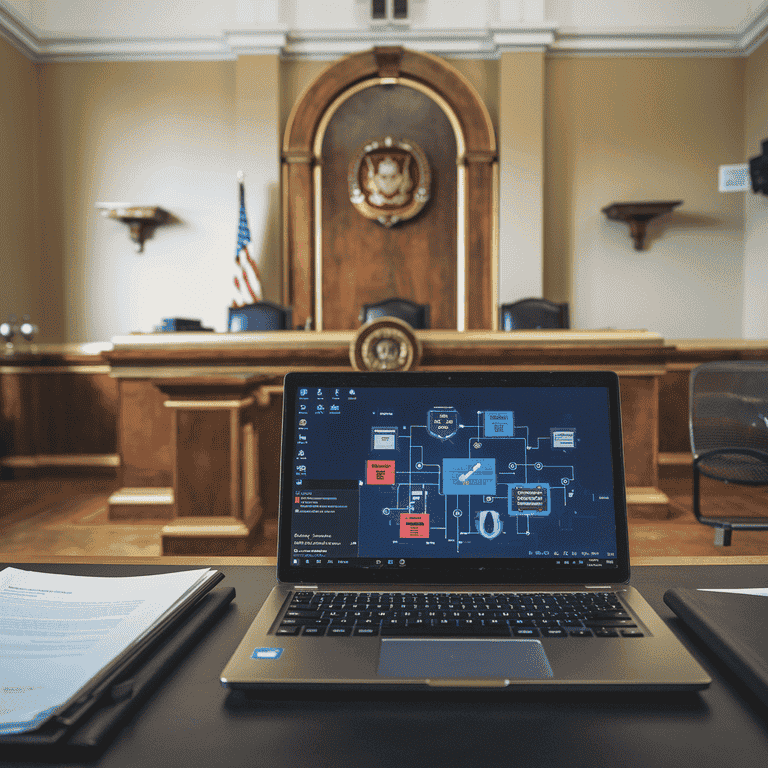  A laptop with a digital forensic analysis interface in a courtroom setting, representing the role of technology in Nevada laws.