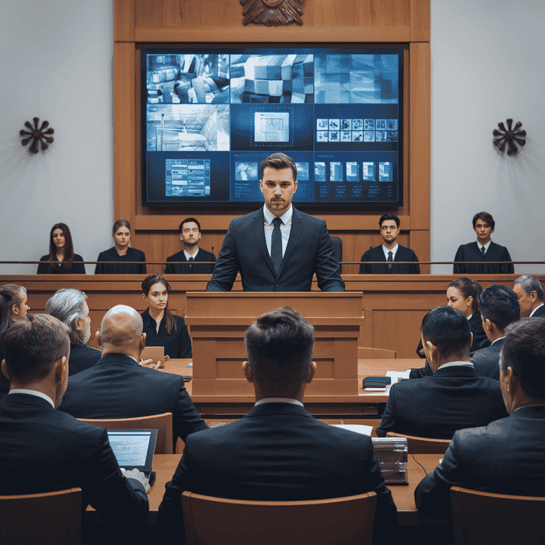 A digital forensic expert in a courtroom explaining forensic evidence using a chart on a screen.