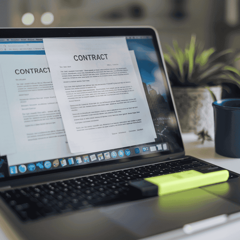 Laptop displaying a contract document on a desk with a coffee mug and notepad.