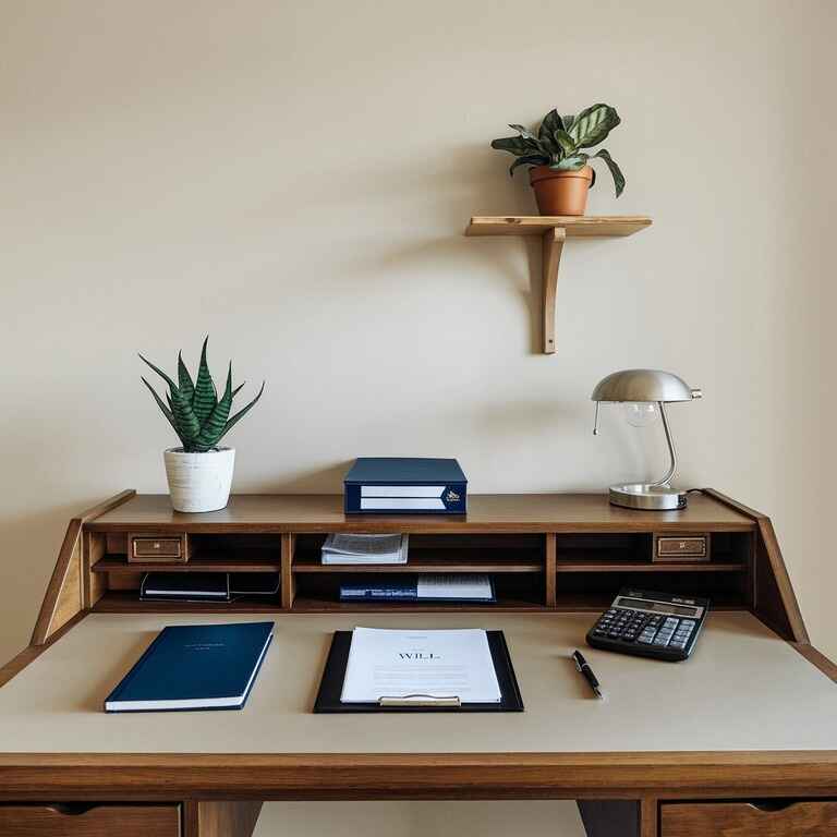 A desk with essential estate planning documents like a will, trust, and notebook.