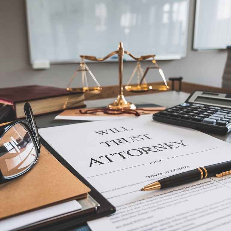  A table with documents like a will, trust, and power of attorney surrounded by a pen, glasses, and a calculator, symbolizing the key components of estate planning.