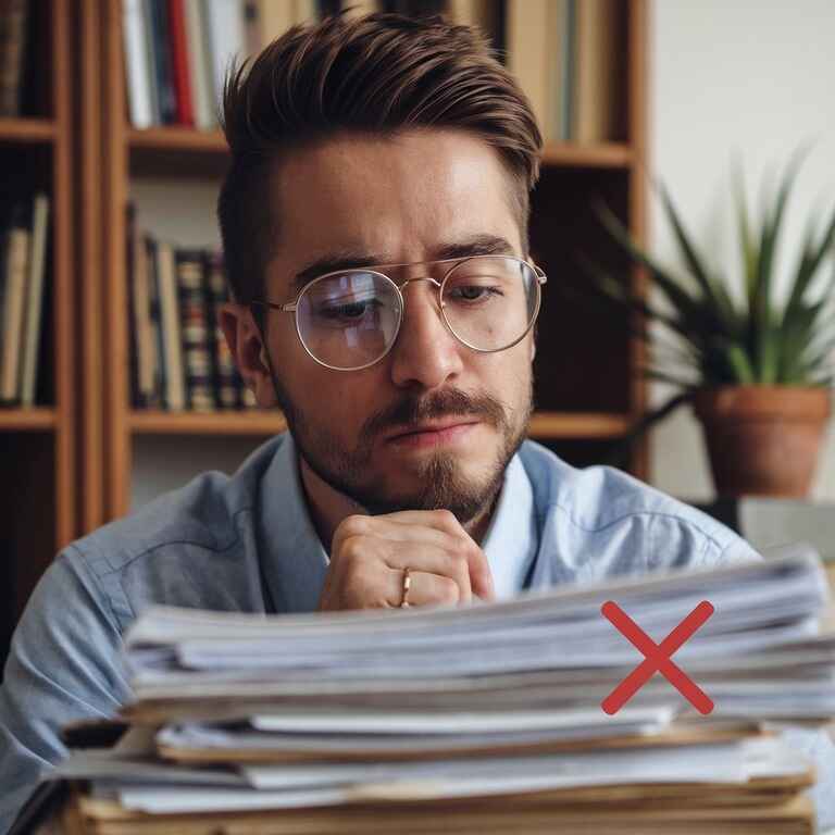 Person contemplating estate planning documents with a cautionary symbol