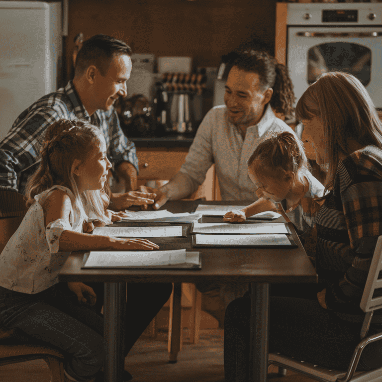 A blended family reviewing documents and discussing estate planning around a kitchen table, representing unique family scenarios.