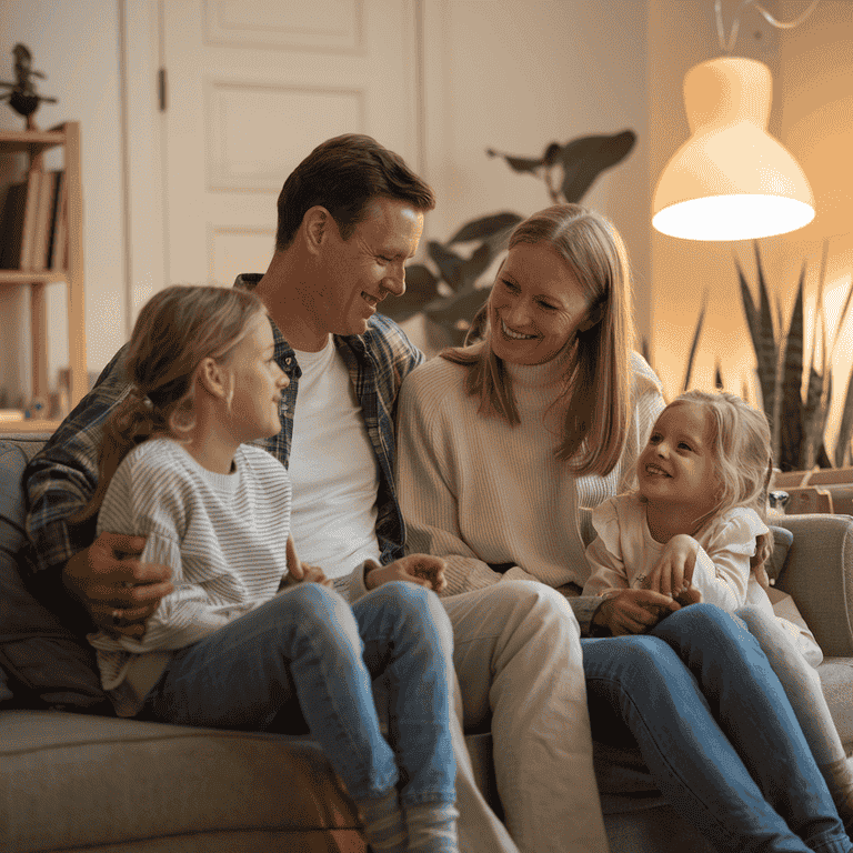 A family of four sitting together in a cozy living room, symbolizing the importance of planning for their children’s future.