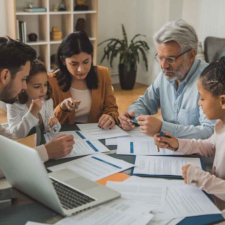 Family discussing financial planning for their children.