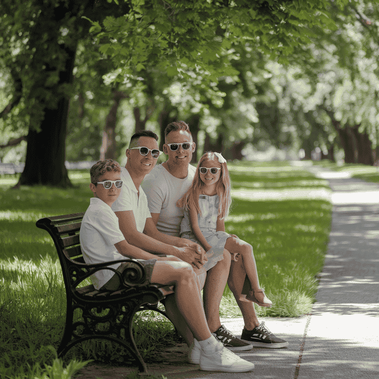 Same-sex parents with their children discussing estate planning.