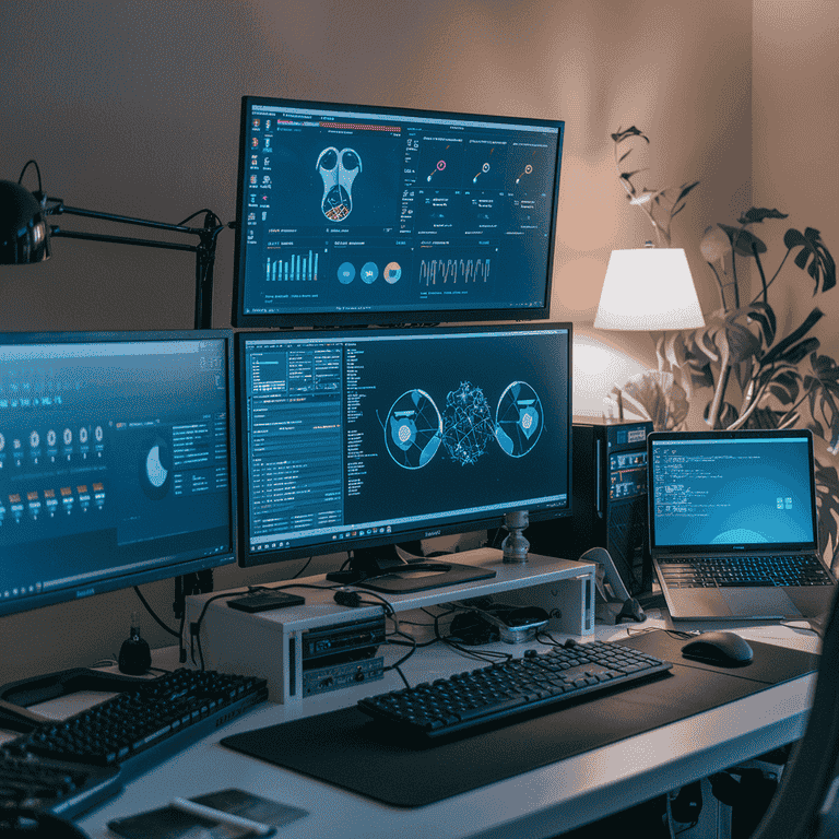 High-tech forensic workstation with multiple monitors displaying data recovery and analysis software.