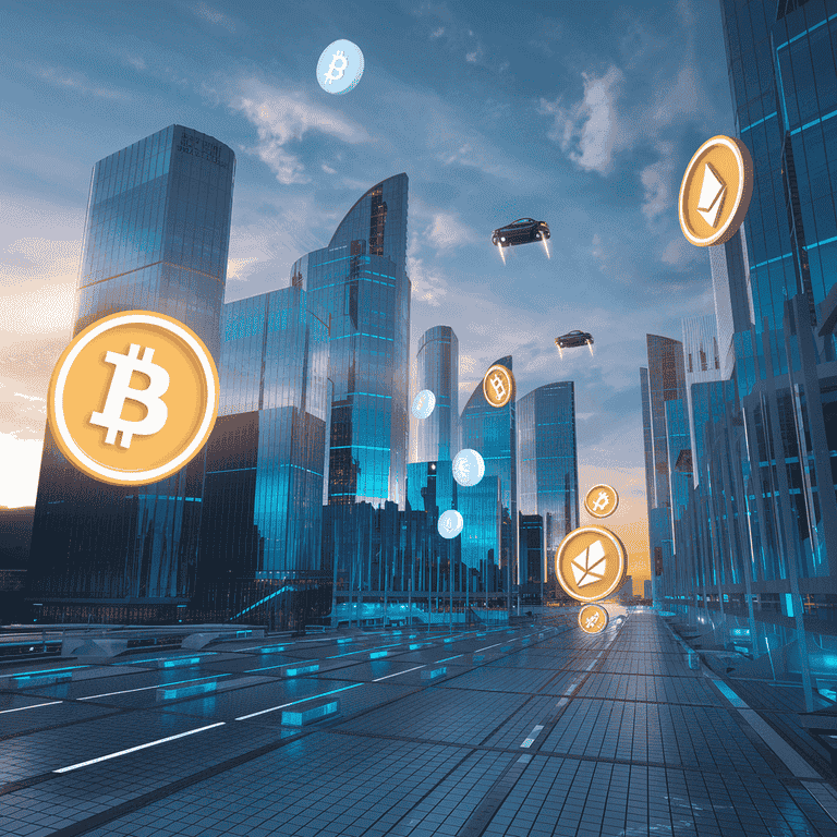 Futuristic cityscape with Bitcoin and Ethereum symbols floating, illustrating future trends in cryptocurrency.