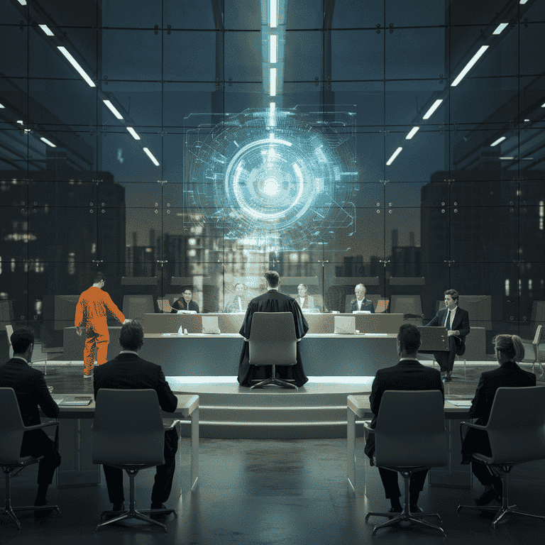 A futuristic courtroom with holographic displays representing virtual reality casino regulation.