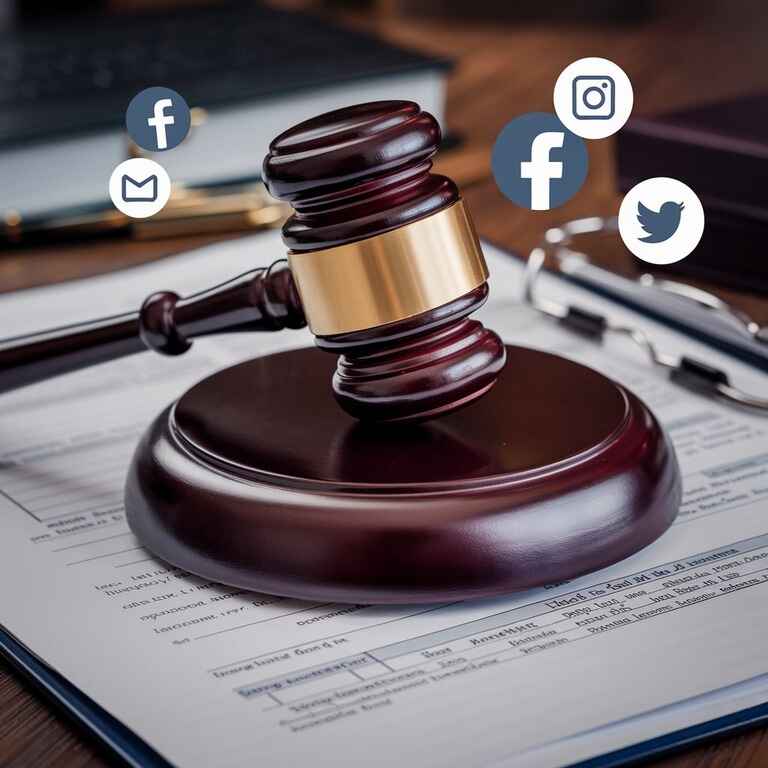 Gavel and legal documents with social media icons representing evidence in family court cases