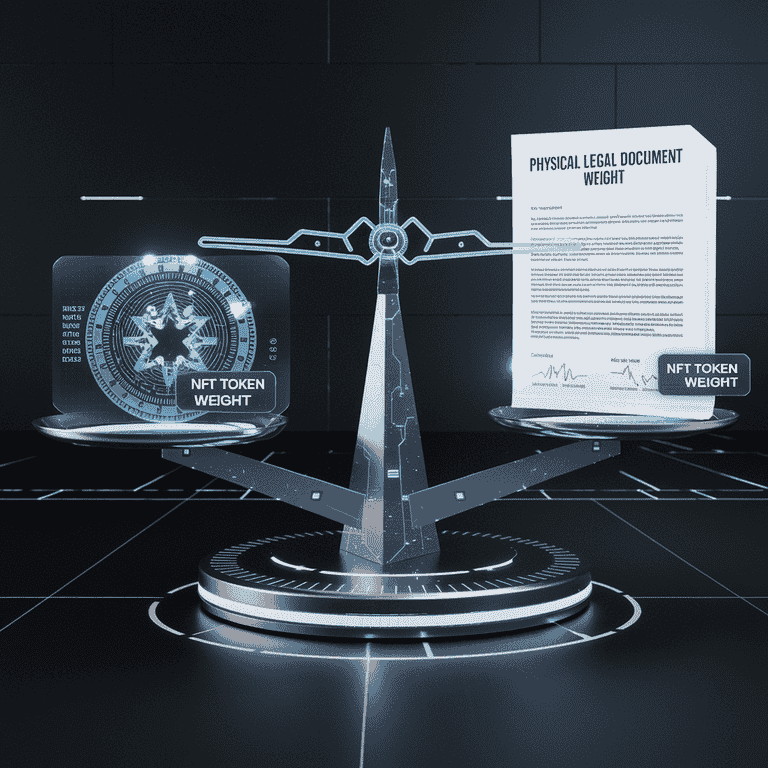 A balanced scale with an NFT token on one side and a legal document on the other, representing legal and ethical considerations in NFT betting.