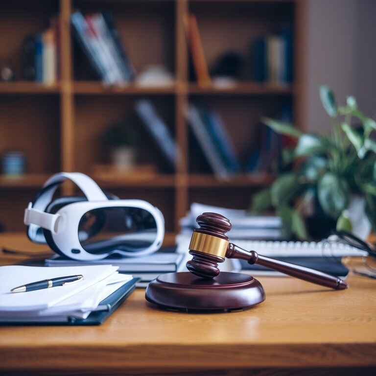 A gavel and VR headset placed together, symbolizing the intersection of law and virtual reality.