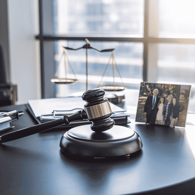 A gavel and a framed family photo on a desk, representing legal considerations for holiday custody exchanges.