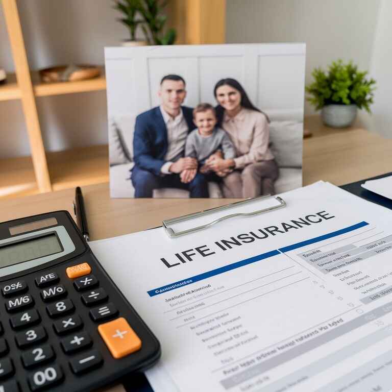 A life insurance policy document, calculator, and family photo symbolizing protection for loved ones