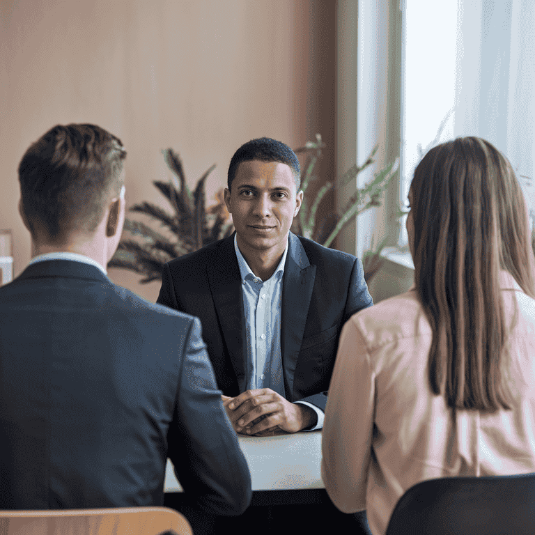  A professional mediator guiding two individuals through a discussion in a neutral meeting room.