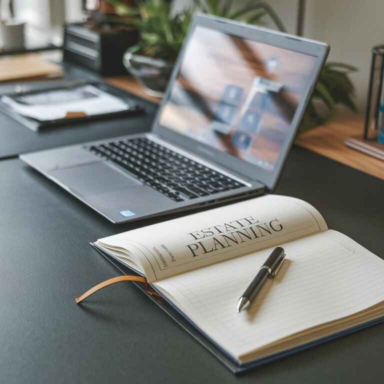 A modern desk setup with an open legal book on estate planning and a laptop