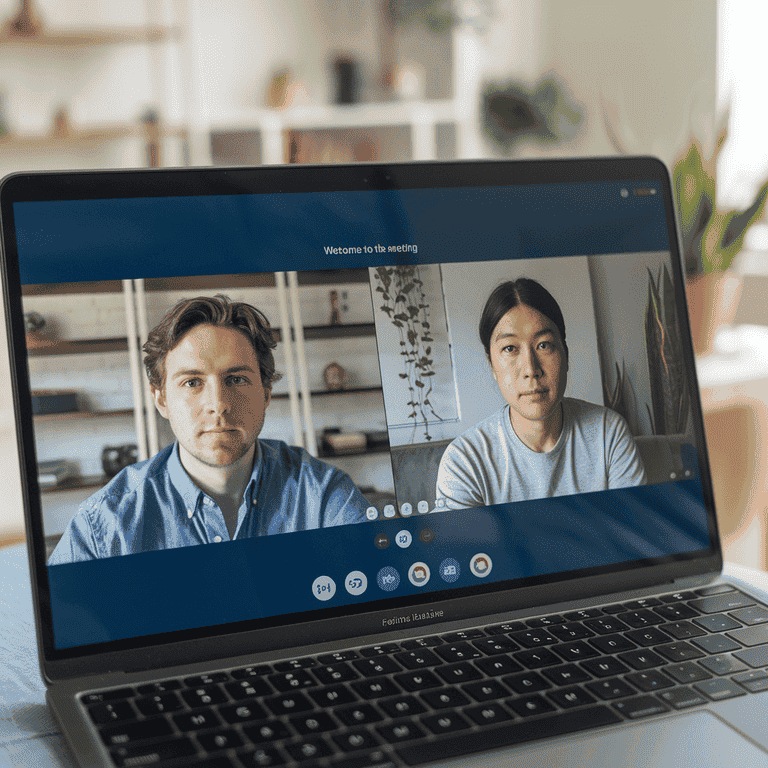 Virtual meeting on a laptop screen showing two people discussing a proposal.