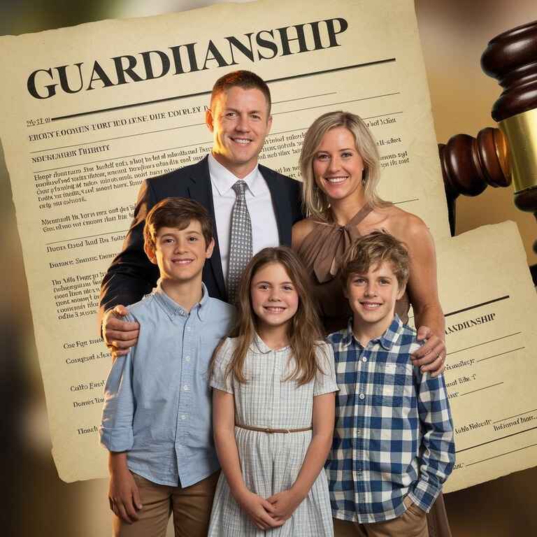 A family photo of parents and children with a guardianship document in the background, highlighting the importance of planning for dependents.