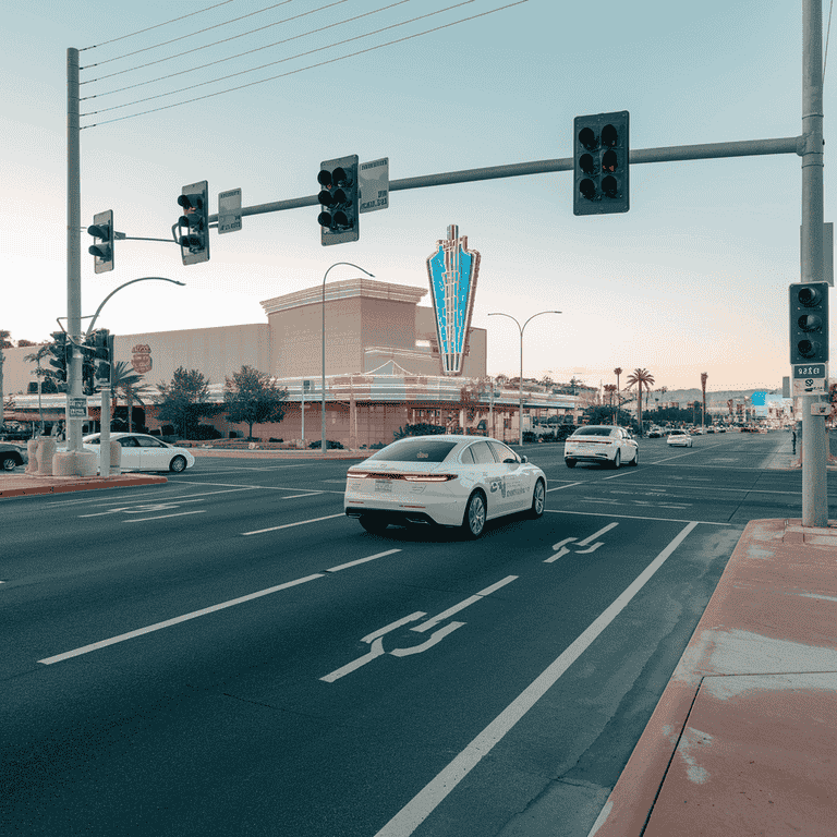 Smart traffic intersection in Las Vegas with autonomous vehicles, smart traffic lights, and clear road markings against the city skyline.