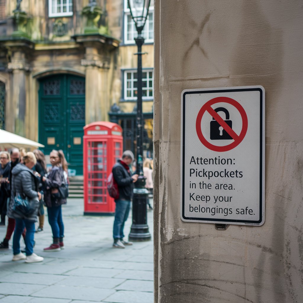 A busy city street with tourists walking and a visible sign cautioning against pickpockets.